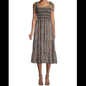 Likely Delfina Ditzy Floral Smocked Dress Midi Tiered Black Prairie Tie Straps
